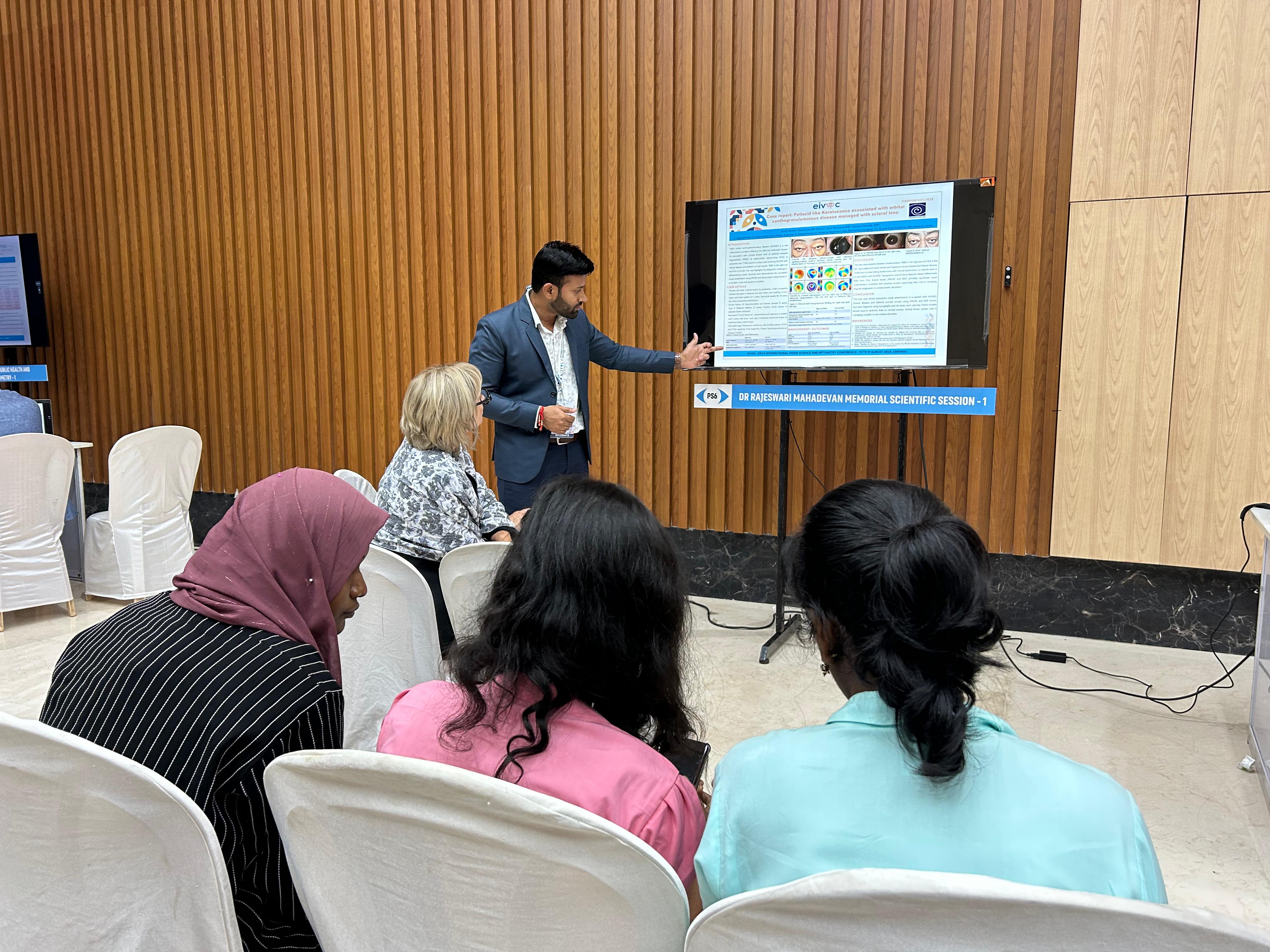 Mr. Suraj Chaurasiya proudly presented his scientific poster at the prestigious ESO International Vision and Optometry Conference (EIVOC) 2025, organized at the Chennai Trade Centre, Chennai, from 15th–17th August, marking a significant milestone in his professional journey.
